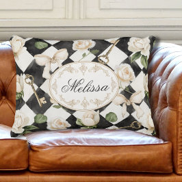 Monogramm Vintage Rose Blume Schwarz-weiß Diamond Dekokissen