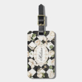 Monogramm Vintage Rose Blume Schwarz-weiß Diamond Gepäckanhänger (Vorderseite vertikal)