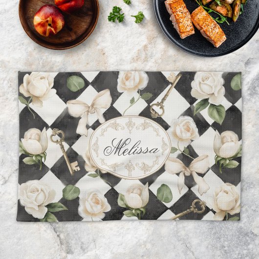 Monogramm Vintage Rose Blume Schwarz-weiß Diamond Geschirrtuch