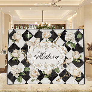 Monogramm Vintage Rose Blume Schwarz-weiß Diamond Große Geschenktüte