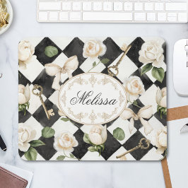 Monogramm Vintage Rose Blume Schwarz-weiß Diamond Mousepad