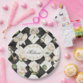 Monogramm Vintage Rose Blume Schwarz-weiß Diamond Pappteller (Party)