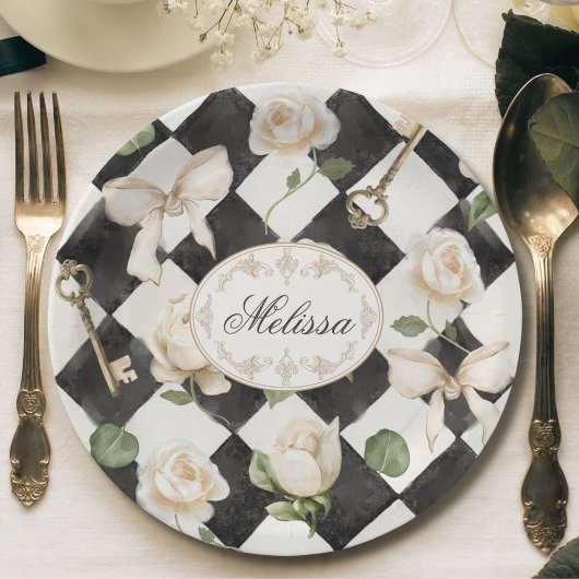 Monogramm Vintage Rose Blume Schwarz-weiß Diamond Pappteller