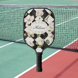Monogramm Vintage Rose Blume Schwarz-weiß Diamond Pickleball Schläger