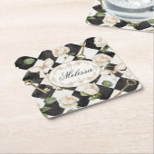 Monogramm Vintage Rose Blume Schwarz-weiß Diamond Rechteckiger Pappuntersetzer (angewinkelt)
