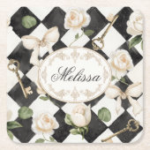 Monogramm Vintage Rose Blume Schwarz-weiß Diamond Rechteckiger Pappuntersetzer (Vorderseite)