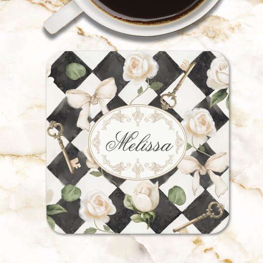 Monogramm Vintage Rose Blume Schwarz-weiß Diamond Rechteckiger Pappuntersetzer