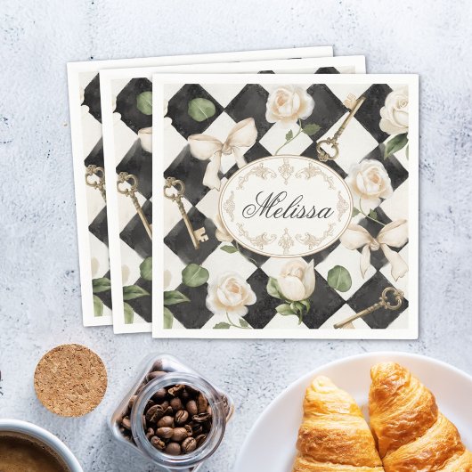 Monogramm Vintage Rose Blume Schwarz-weiß Diamond Serviette