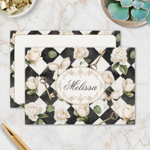 Monogramm Vintage-Rosen-Blumen-Schwarz-Weiß-Diaman Dankeskarte