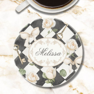 Monogramm Vintage-Rosen-Blumen-Schwarz-Weiß-Diaman Getränkeuntersetzer
