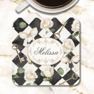 Monogramm Vintage-Rosen-Blumen-Schwarz-Weiß-Diaman Getränkeuntersetzer
