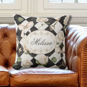 Monogramm Vintage-Rosen-Blumen-Schwarz-Weiß-Diaman Kissen