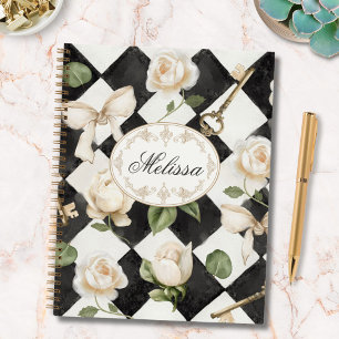 Monogramm Vintage-Rosen-Blumen-Schwarz-Weiß-Diaman Planer