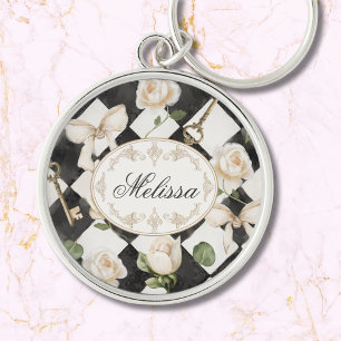 Monogramm Vintage-Rosen-Blumen-Schwarz-Weiß-Diaman Schlüsselanhänger