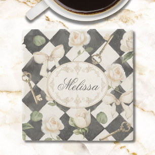 Monogramm Vintage-Rosen-Blumen-Schwarz-Weiß-Diaman Steinuntersetzer