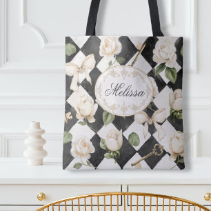 Monogramm Vintage-Rosen-Blumen-Schwarz-Weiß-Diaman Tasche