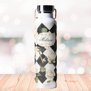Monogramm Vintage-Rosen-Blumen Schwarz-Weiß-Diaman Trinkflasche