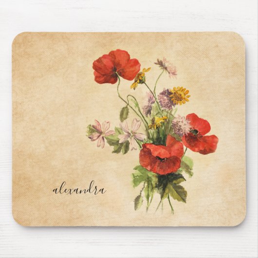 Monogramm Vintage-Rustik-Bouquet rote Mohnblumen B Mousepad (Vorne)