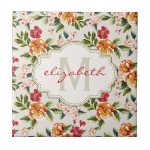 Monogramm Vintage viktorianische Aquarell-Blumen Fliese