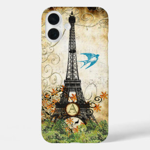 Monogramm Vintage Vogel Eiffelturm iPhone 16 Plus Hülle