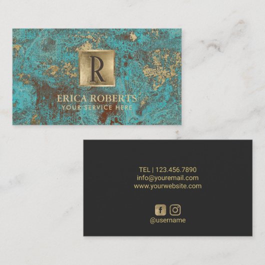 Monogramm-Vintager Goldzuersttürkis u. aquamarin Visitenkarte (Vorne/Hinten)
