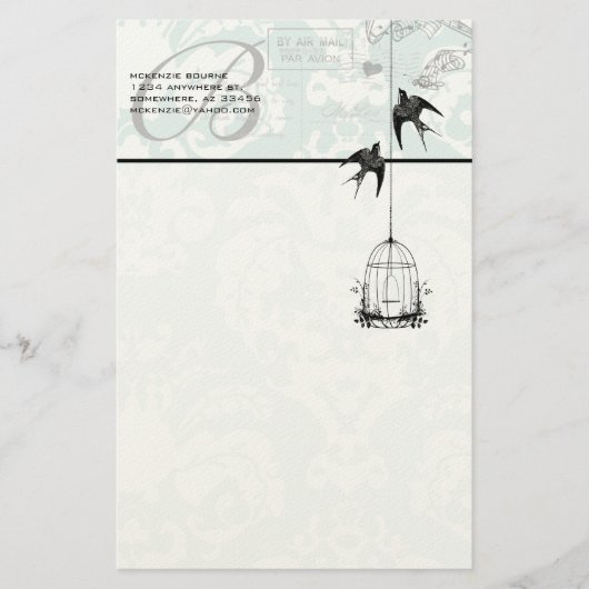 Monogramm Vintager Vogelkäfig mit Vogelluftpost Briefpapier (Vorderseite)