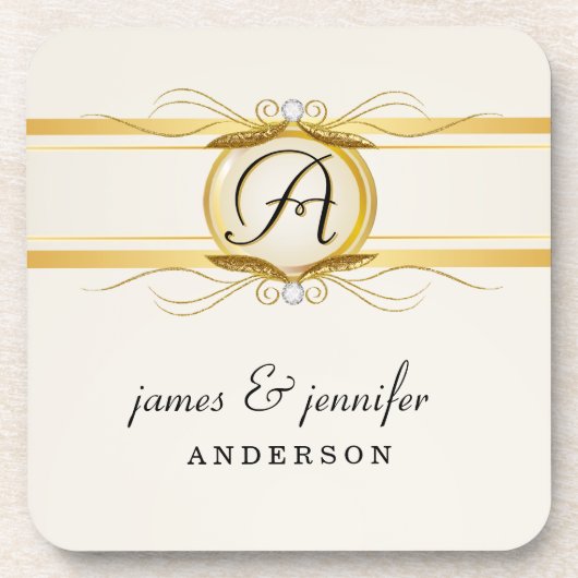 Monogramm-Vintages Goldweißes Untersetzer-Set Getränkeuntersetzer (Vorderseite)