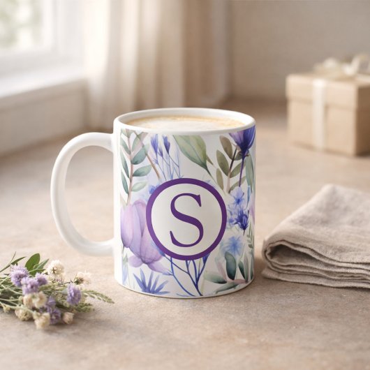 Monogramm Violett Blumig Kaffeetasse