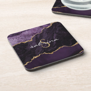 Monogramm violett goldener Achatgeode Getränkeuntersetzer