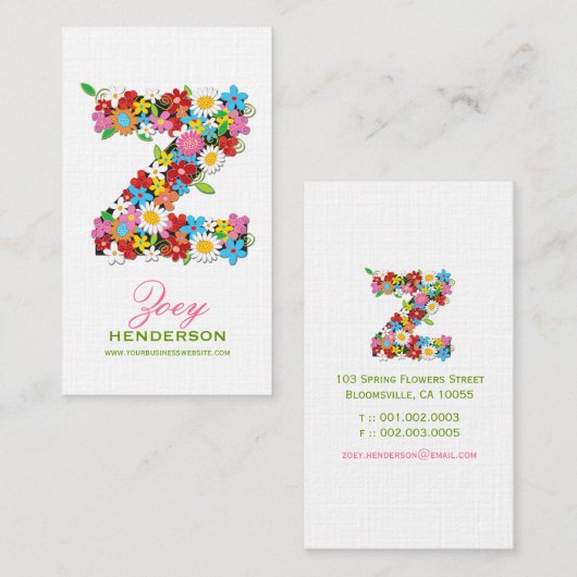 Monogramm-Visitenkarte der Frühlings-Blumen-"Z" Visitenkarte (Vorne/Hinten)