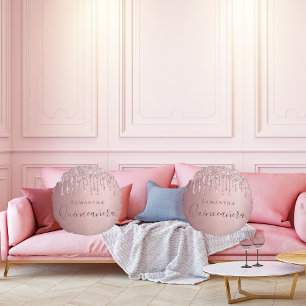 Monogramm von Rosa-Tropfen aus Quinceanera Rundes Kissen