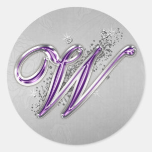 Monogramm-W-Aufkleber für den lila Glitzer Runder Aufkleber