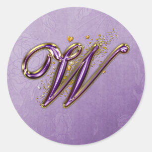 Monogramm-W-Aufkleber für lila und Gold-Glitzer Runder Aufkleber
