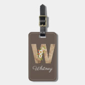 Monogramm W braunes Holz Buchstabe Blumen Gepäckan Gepäckanhänger (Vorderseite vertikal)