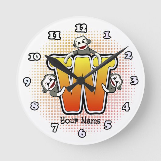 Monogramm W Sock Monkey-Uhr Runde Wanduhr (Vorderseite)