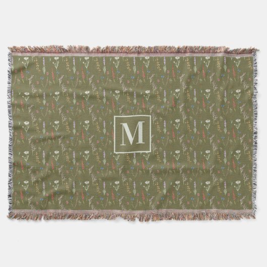 Monogramm-Waldgrün-Aquarell-Wildblumengarten Decke (Vorderseite)