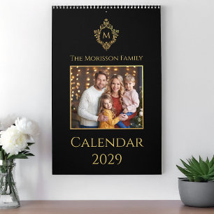 Monogramm-Wappen Elegant Schwarz und Gold Familien Kalender