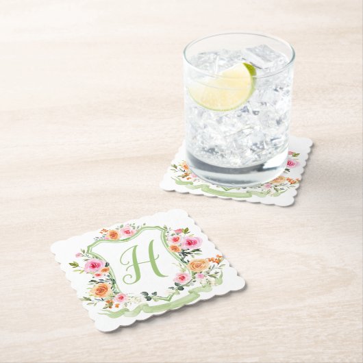Monogramm Wappen für die Wasserfarben, rosa grün Untersetzer (Vor Ort)