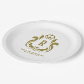 Monogramm Wappen Gold Pappteller (Schrägansicht)