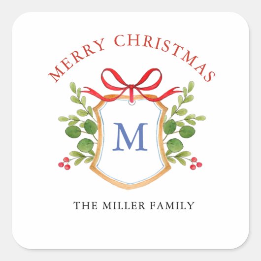 Monogramm Wappen mit Grün Feiertage Quadratischer Aufkleber (Vorderseite)