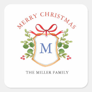Monogramm-Wappen mit Grünzeug Feiertage Quadratischer Aufkleber