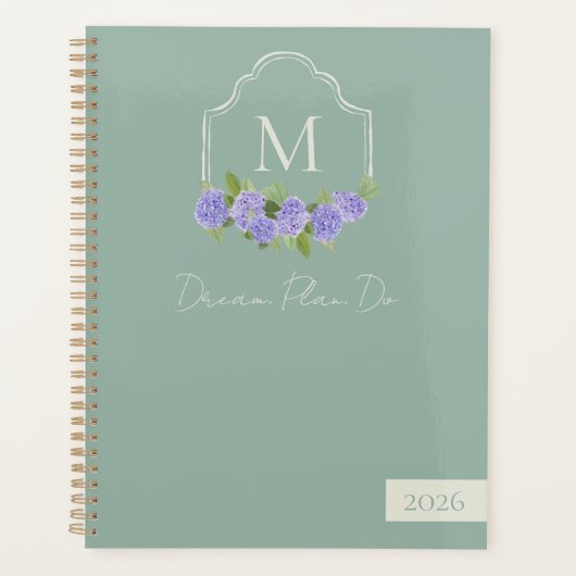 Monogramm Wappen mit Watercolor Lila Hydrangea Planer (Vorderseite)