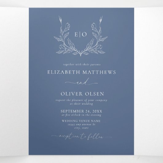 Monogramm-Wappen | Modernes Minimalistisches Hochz Dreifach Gefaltete Einladung (Innenseite Mitte)