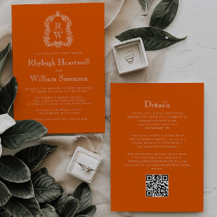 Monogramm-Wappen Persimone Orange QR-Code Hochzeit Einladung