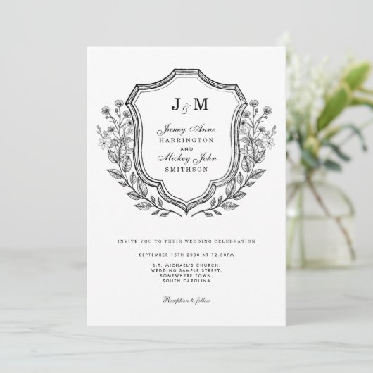 Monogramm Wappen Schwarz-weiß Hochzeitseröffnungsf Einladung (Stehend Vorderseite)