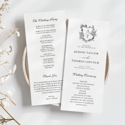 Monogramm-Wappen Schwarz | White Wedding Program C Menükarte