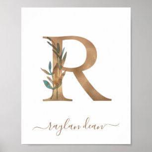 Monogramm-Wasserfarbe-Blumen-Gold-Buchstabe R Poster
