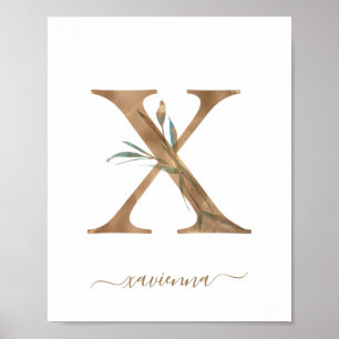 Monogramm-Wasserfarbe-Blumen-Gold-Buchstabe X-Plak Poster