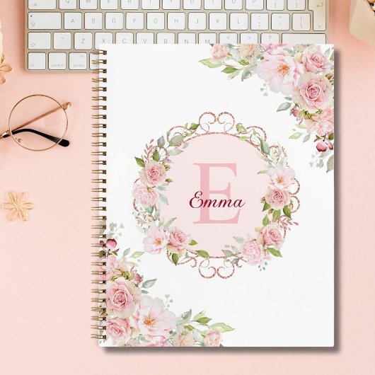 Monogramm-Wasserfarbe-Blush-Rosen-Blumen Floral Planer
