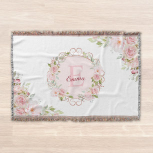 Monogramm-Wasserfarbe-Blush-Rosen-Blumen-Florales Decke